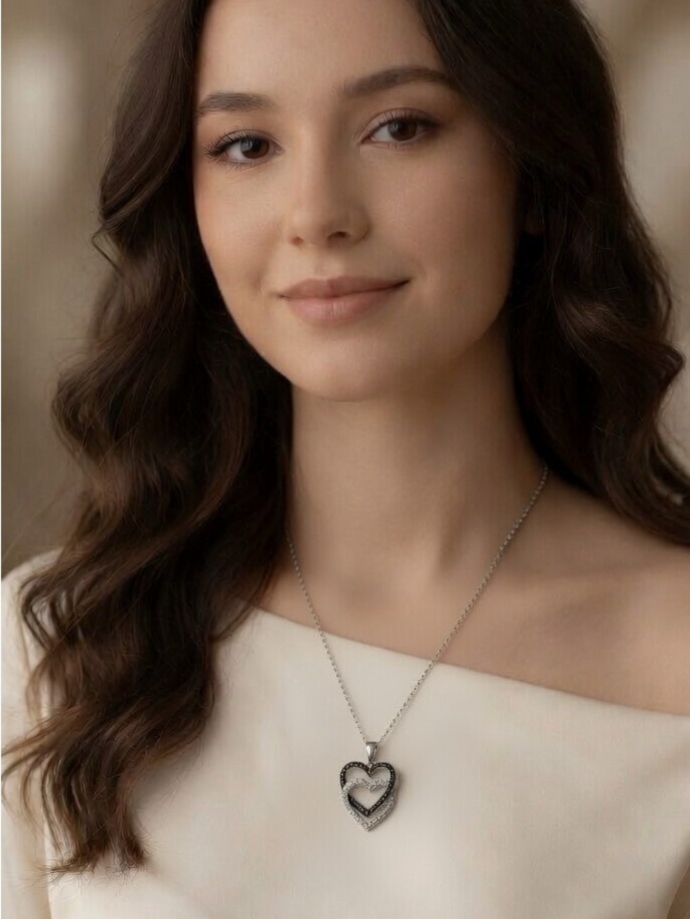 Black & White Diamond Double Heart Pendant 925 Sterling Silver Necklace